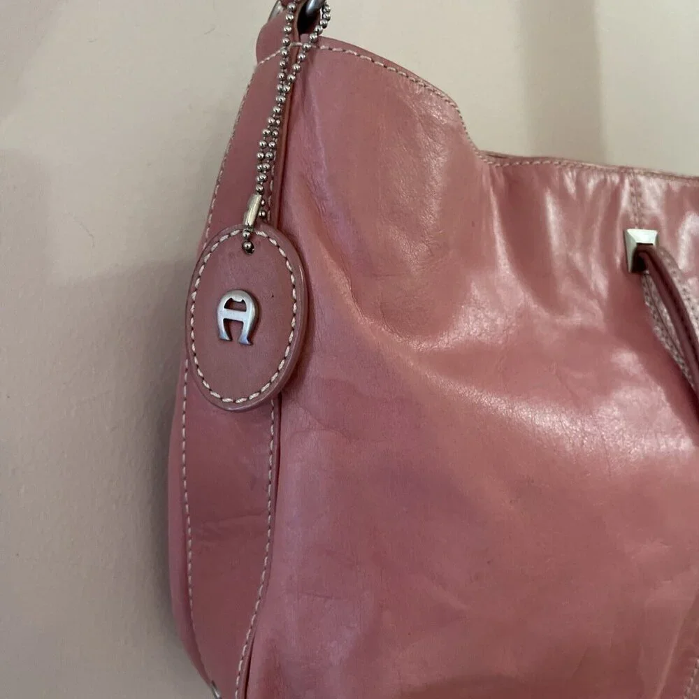 Vintage Etienne Aigner Leather Shoulder Bag Handbag Pink Tassel Bag Charm RARE